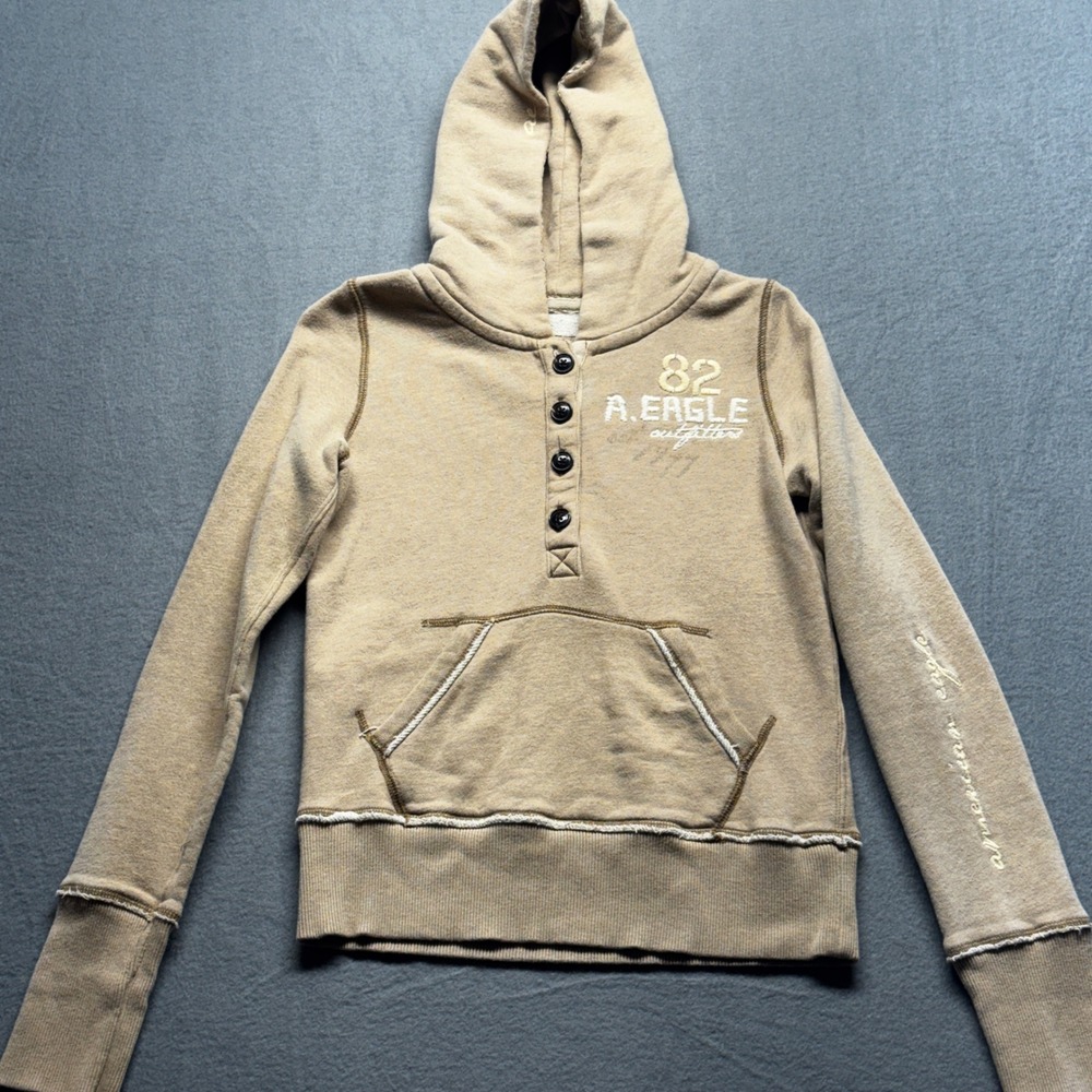 American Eagle Tan Henley Hoodie‎ Sweatshirt Women's XS Embroidered 100% Cotton